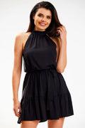 Robe de jour élégante noire sans manches en viscose polyester coupe trapèze ceinture assortie taille ajustable femme