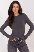 top femme manches longues coupe moulante col rond gris anthracite jersey stretch microfibre lisse poignets allongés confortable silhouette épurée