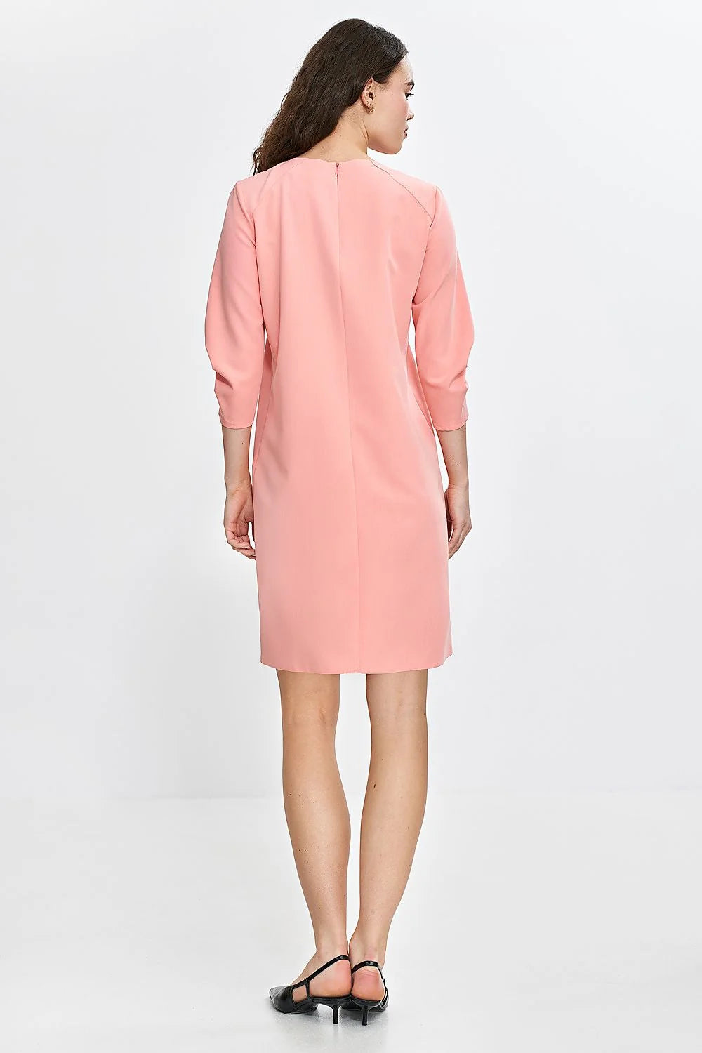 Robe de jour élégante A-line manches 3/4 encolure ronde rose saumon confortable polyvalente femme elasthane 2