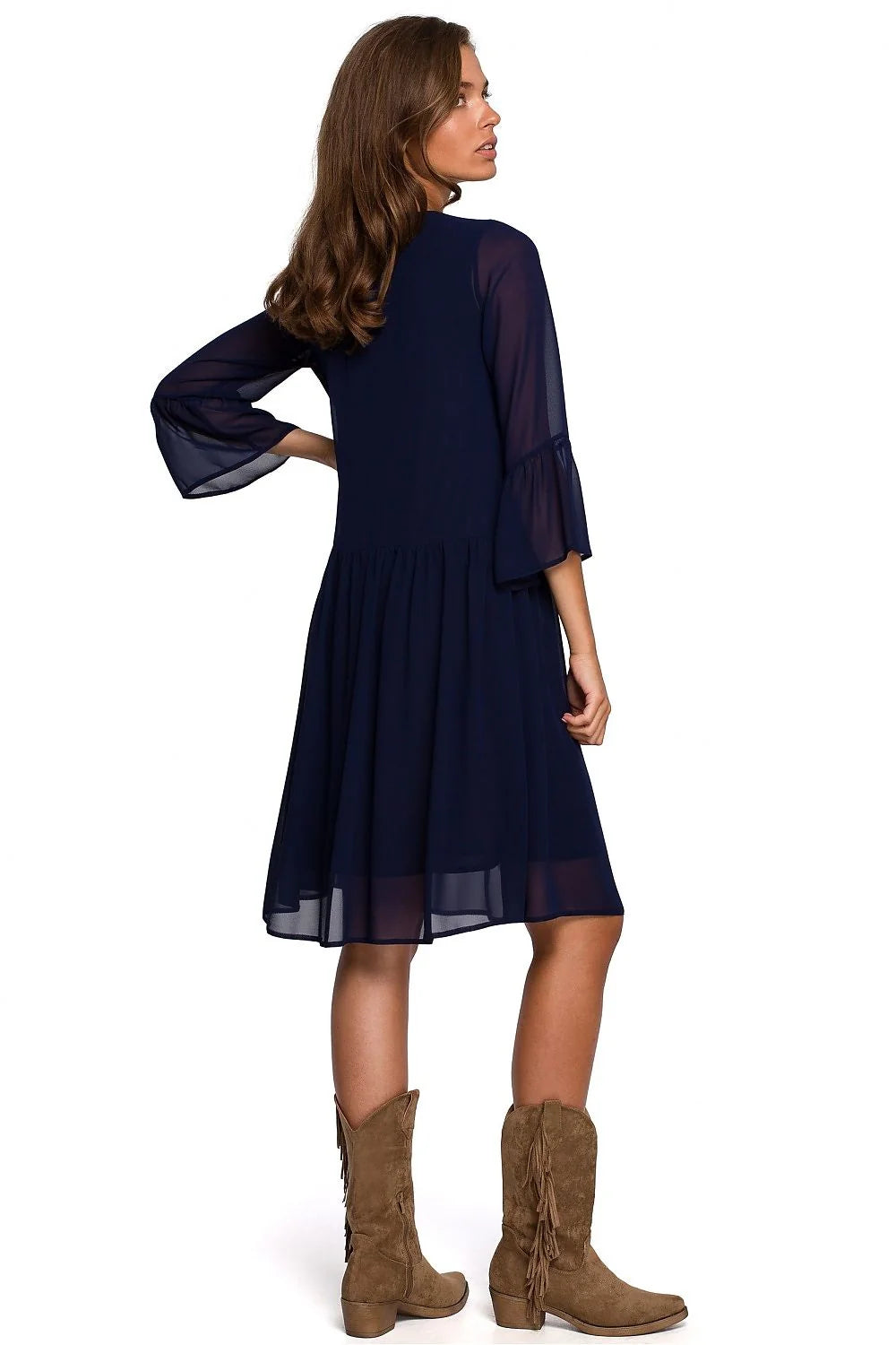 robe cocktail bleu marine col V manches troisquarts transparentes fluides polyester léger doublure opaque jupe plissée tombé fluide coupe ample