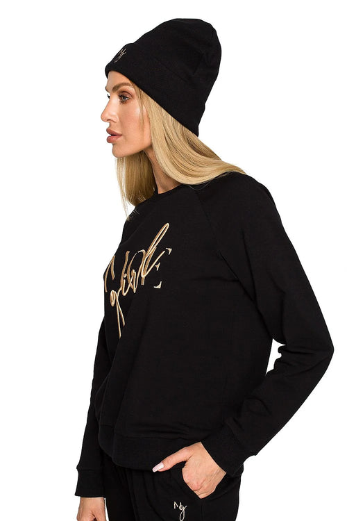 Bonnet coton noir broderie dorée sweat assorti col rond manches longues ensemble mode femme élégant automne hiver coupe