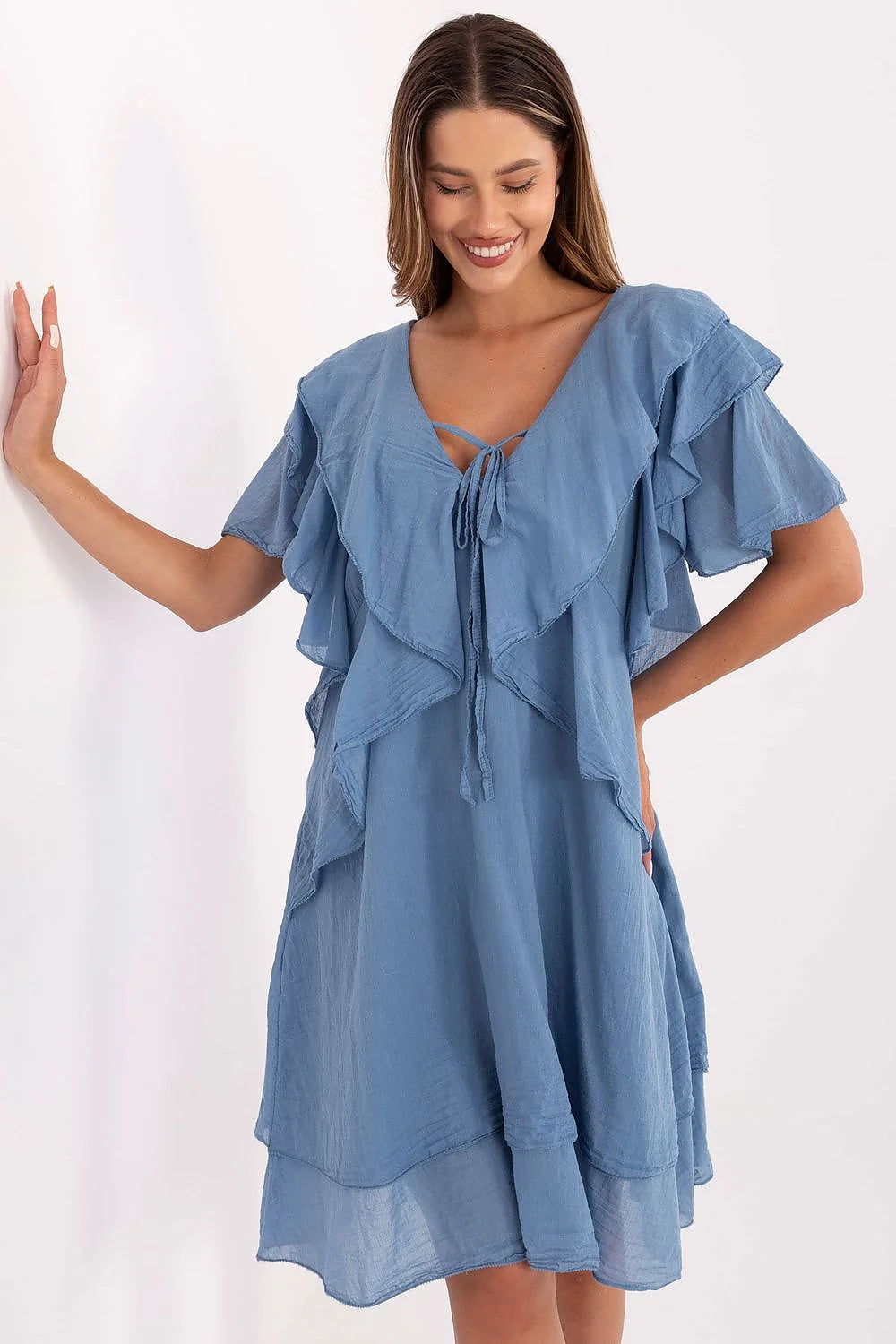 robe bohème été coton bleu pastel manches volantées coupe ample encolure V lien fluide gaufré superpositions asymétriques tombé aérien romantique