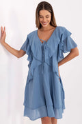 robe bohème été coton bleu pastel manches volantées coupe ample encolure V lien fluide gaufré superpositions asymétriques tombé aérien romantique