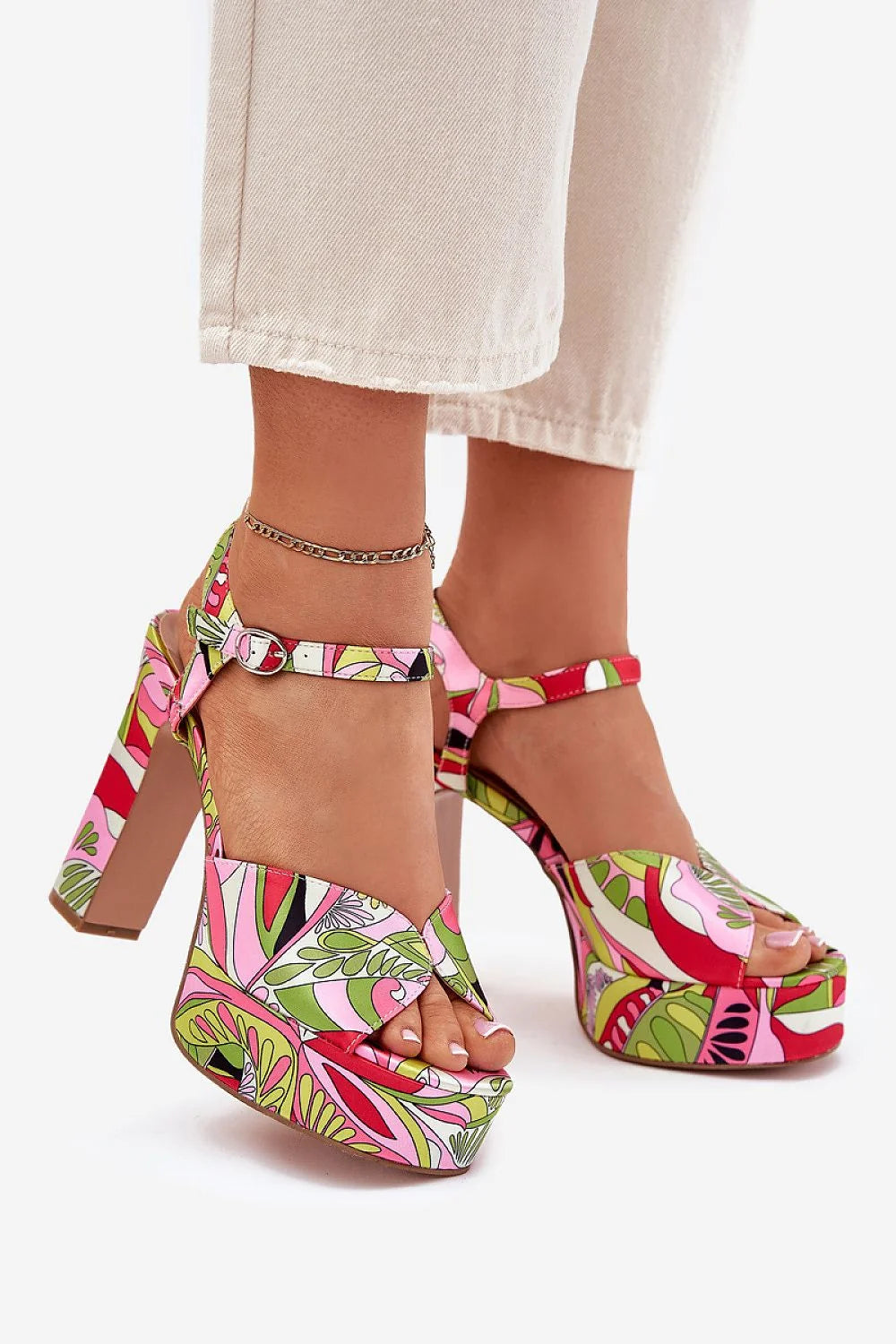 sandales femme talon carré haut plateforme compensée multicolore imprimé floral psychédélique bout ouvert bride cheville réglable