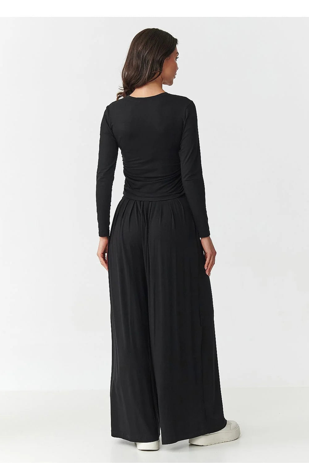 ensemble femme viscose extensible élasthanne chemisier ajusté manches longues plis latéraux taille élastiquée pantalon palazzo jambe extra large