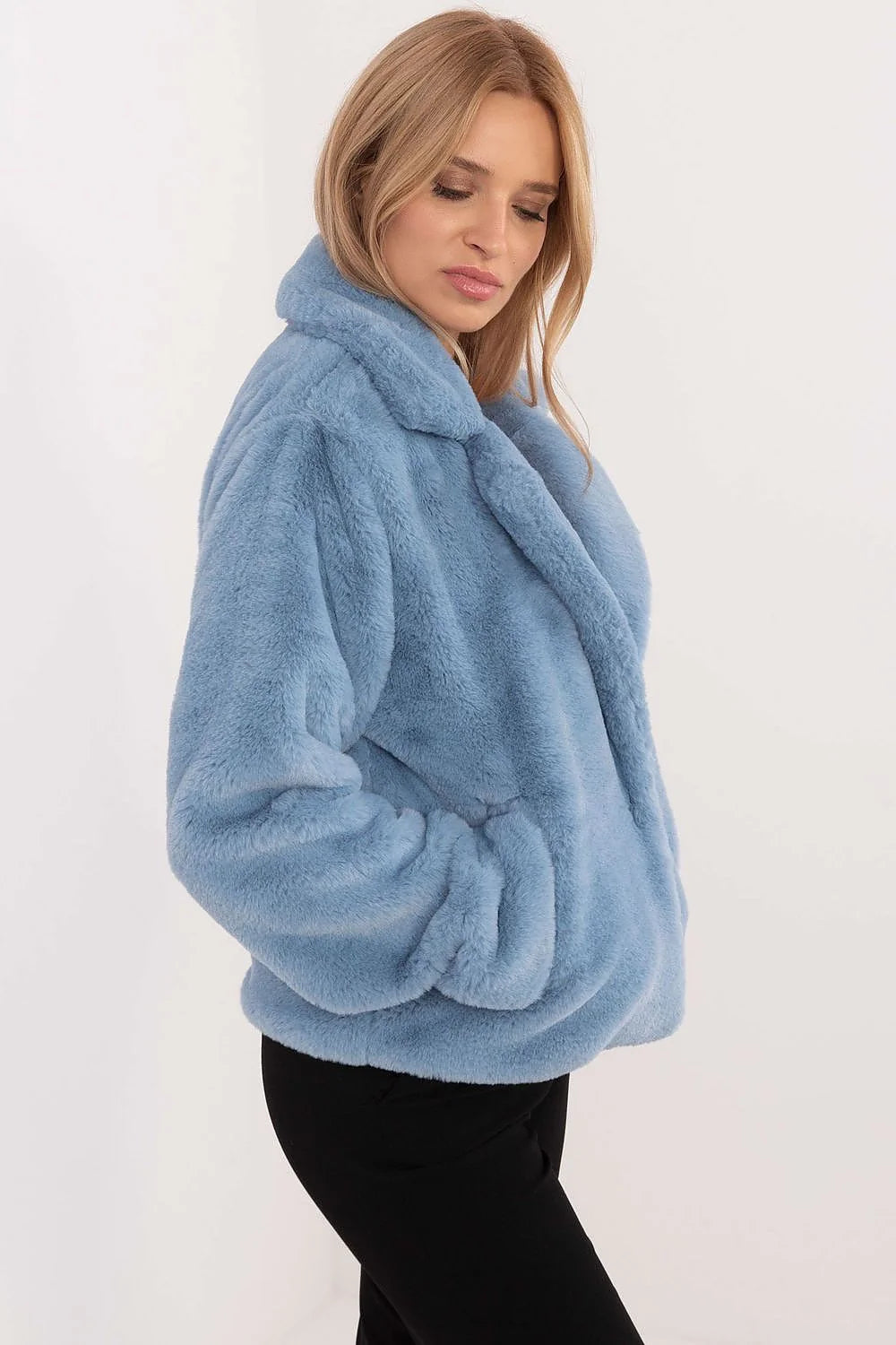 Manteau fausse fourrure moderne couleur bleu clair pour femme manches longues col large sans doublure