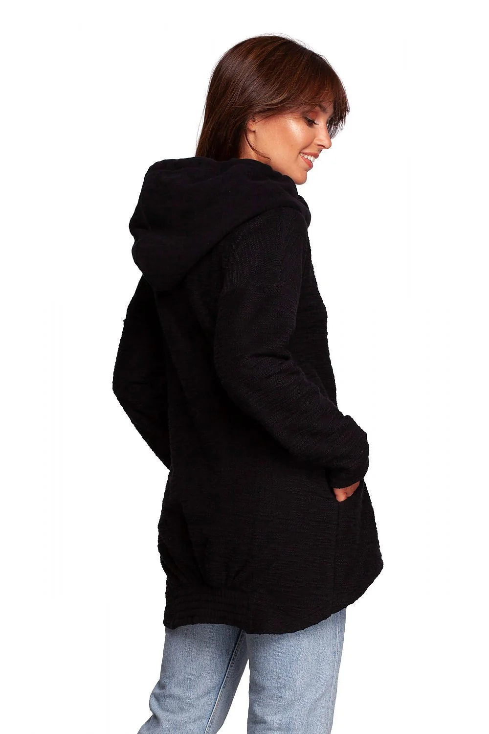 sweatshirt oversize femme crème coton doux confortable coupe ample tunique asymétrique col cheminée cordons pastilles marron poches latérales manches longues