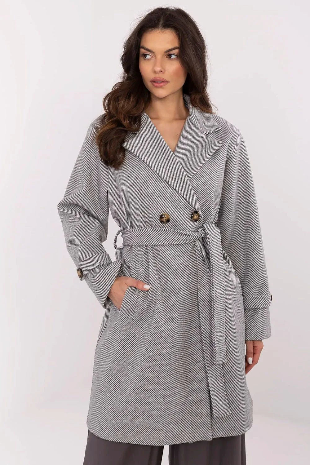 Manteau élégant pour femme rayures fines épaulettes col cranté ceinture polyester haute qualité automne hiver printemps