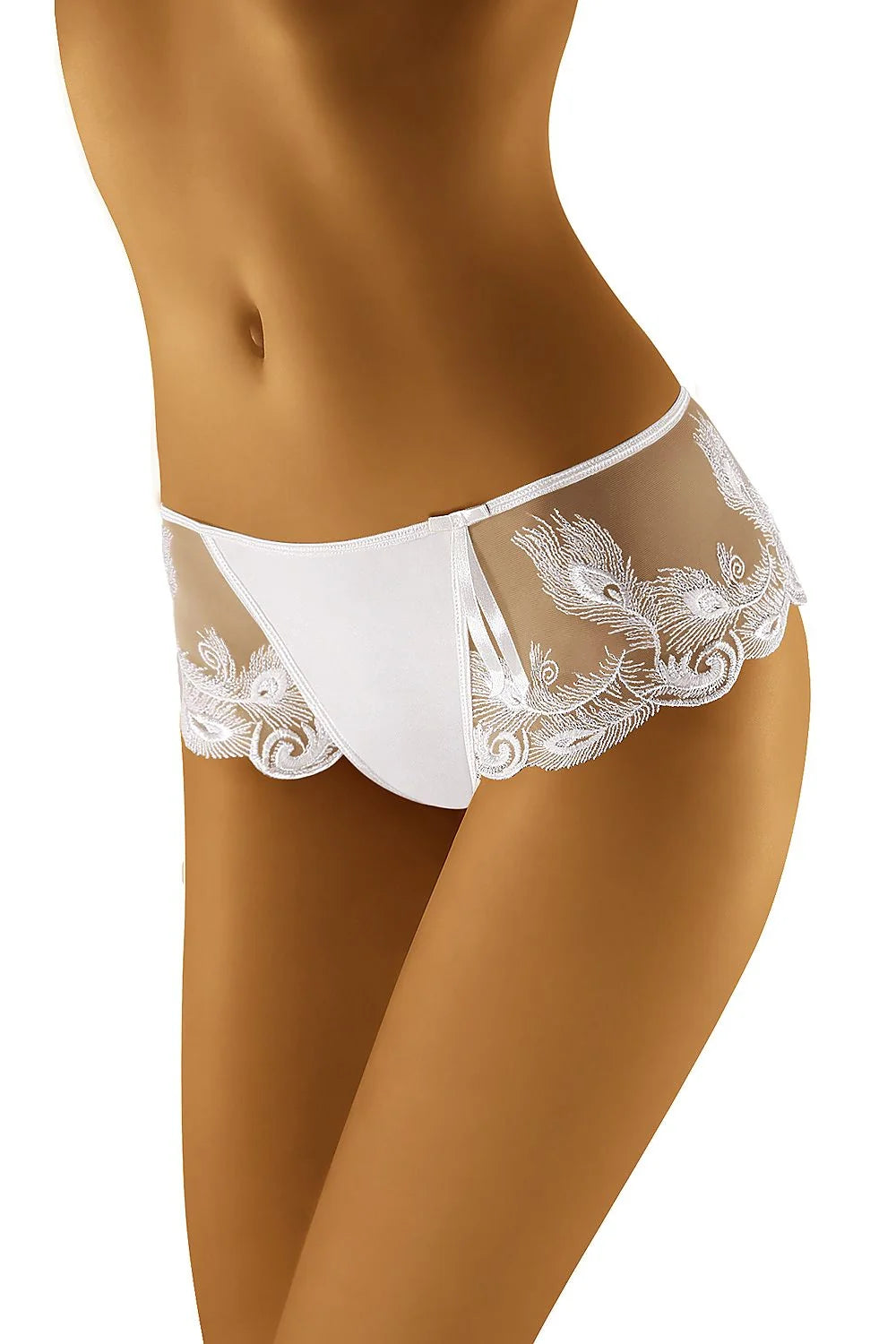Culotte féminine élégante en dentelle tulle microfibre opaque transparente motifs broderies paon