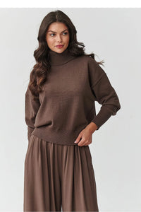 pull col roulé femme oversize épaules tombantes maille tricotée brun chocolat côtelé poignets bords côtes miépais automne hiver doux respirant