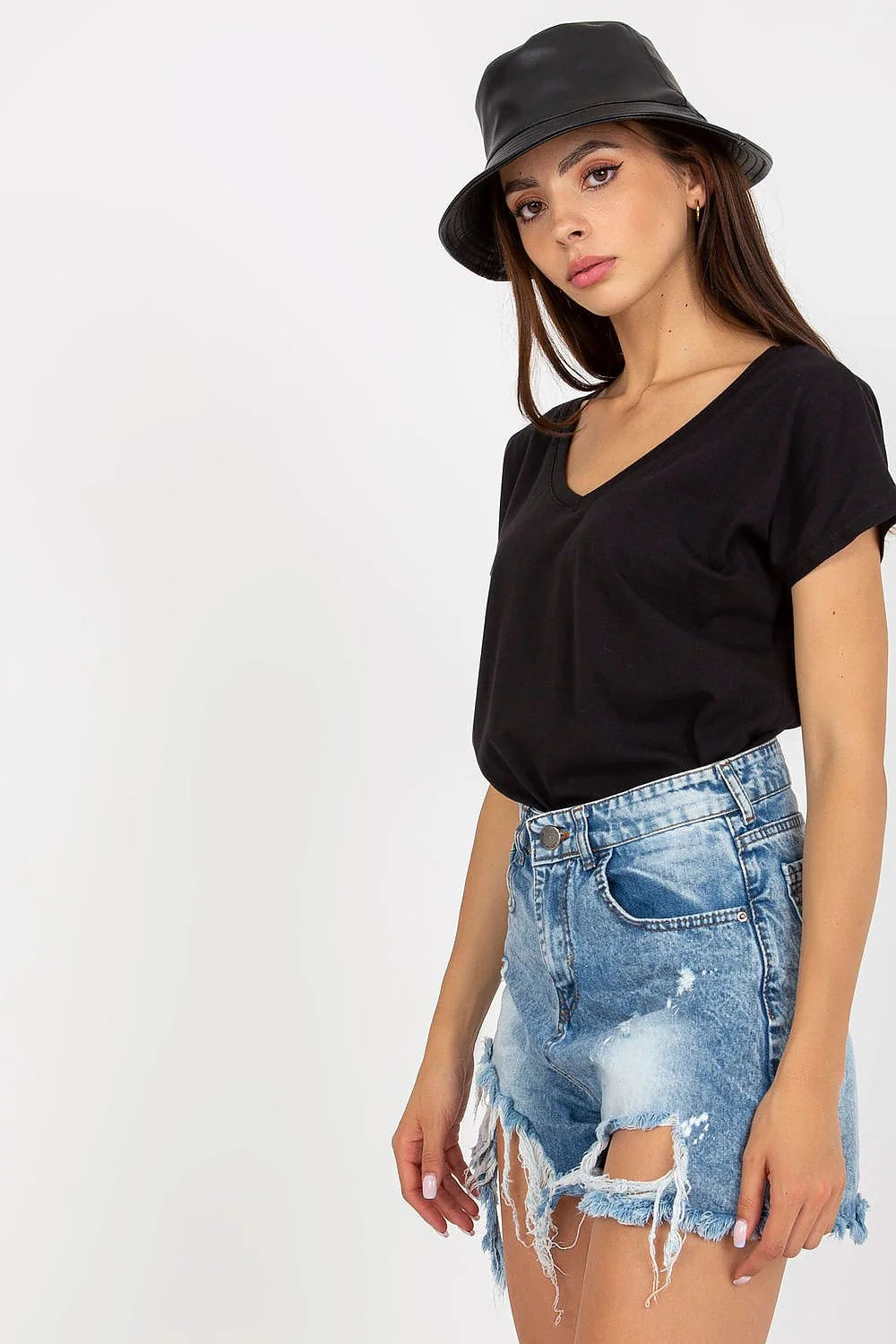 T-shirt femme décontracté couleur marron terre V-neck coton élasthanne loose quotidien
