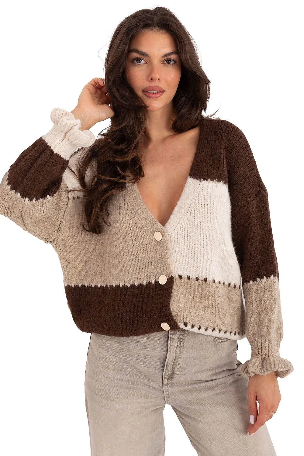 cardigan femme rayures multicolore maille moelleuse oversize court encolure V boutonné trois boutons café beige écru manches ballon volantées