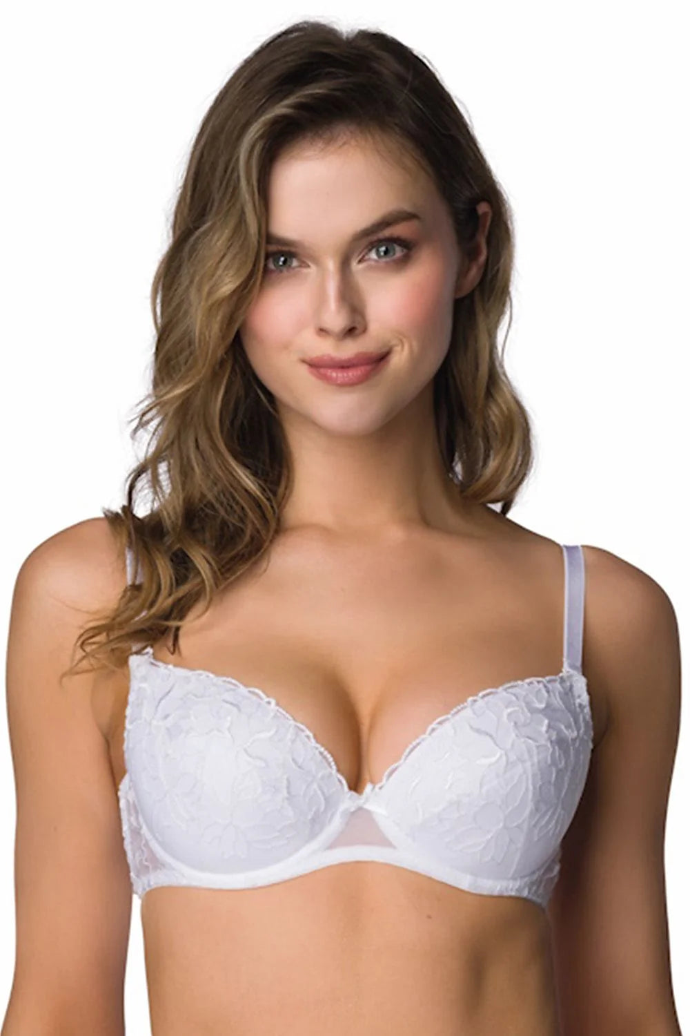 Soutien-gorge féminin Elara blanc dentelle motifs floraux épaules fines ajustables confortable pour quotidien et occasions spéciales