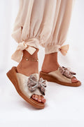 Sandales pour femmes style décontracté élégant nœud décoratif cuir artificiel doré marron talon compensé 5 cm été
