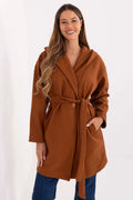 manteau femme mi long capuche effet laine polyester oversize ceinture nouée bouton fermeture poches latérales cognac feutré automne
