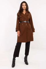 manteau femme long double boutonnage laine marron col revers coupe droite raffinée ajustable ceinture noire boucle poches latérales