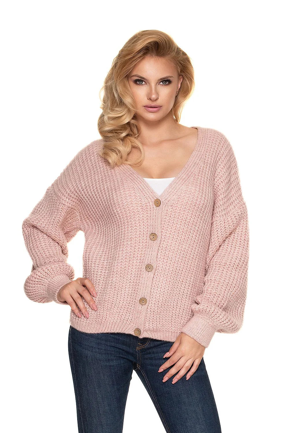 Cardigan oversize femme maille épaisse beige doux confort décontracté manches longues boutons bois élégant