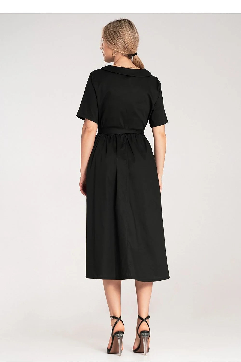 Robe de jour Figl midi noire en coton manches courtes col rond boutons ceinture silhouette A évasée femme