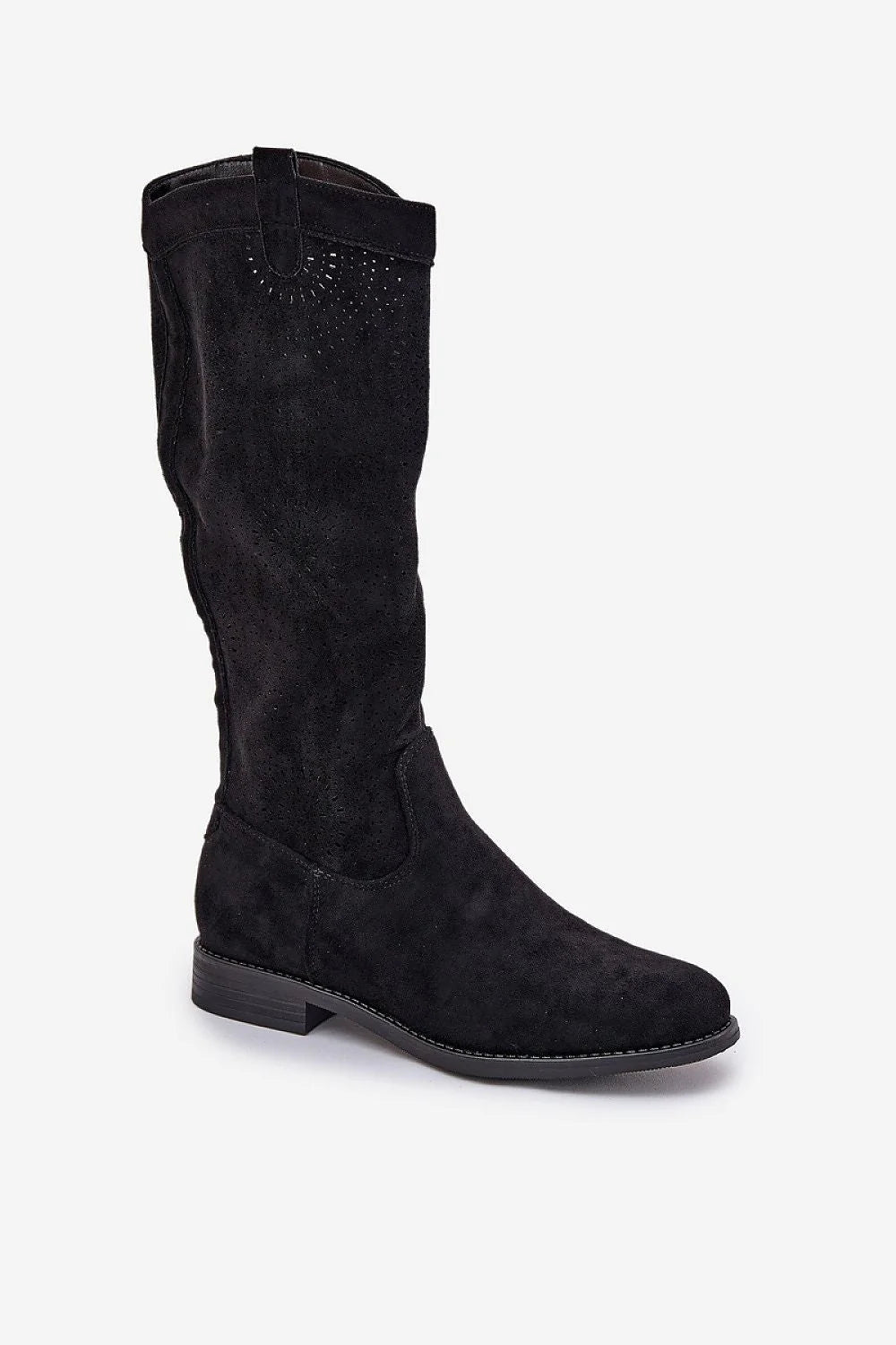 Bottes cuissardes Step in style en suédine écologique noir perforations design élégant talon plat femmes printemps automne