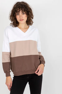 Sweatshirt coton élasthanne col v blocs couleur ample brun beige noir bleu marine confortable moderne casual femme
