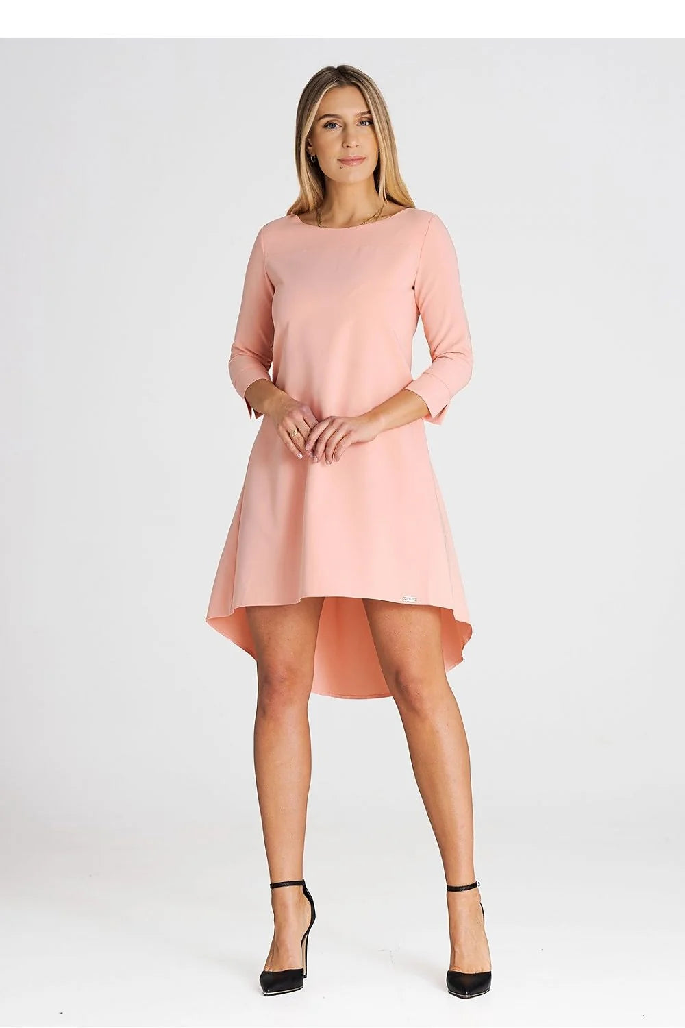Robe asymétrique moderne en polyester et viscose, manches 3/4, dos plissé, style épuré pour femme