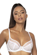 Soutien-gorge féminin élégant dentelle maille blanc ajusté maintien bonnets dentelle floral brides ajustables fermeture dos femme lingerie