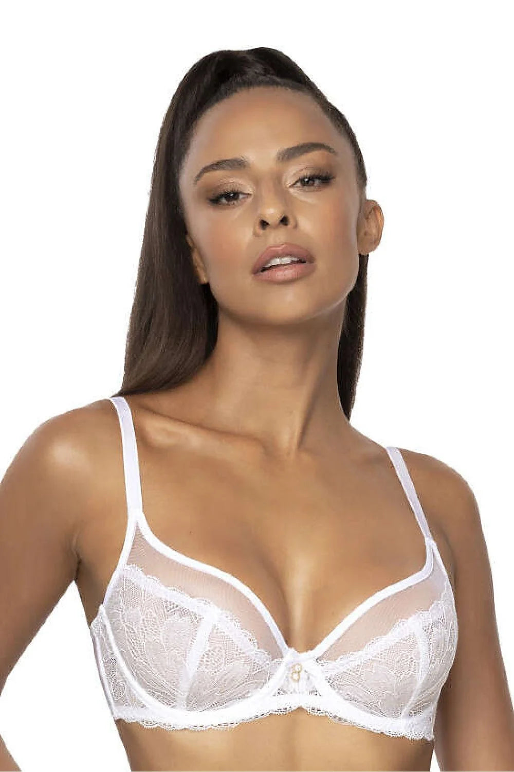 Soutien-gorge féminin élégant dentelle maille blanc ajusté maintien bonnets dentelle floral brides ajustables fermeture dos femme lingerie