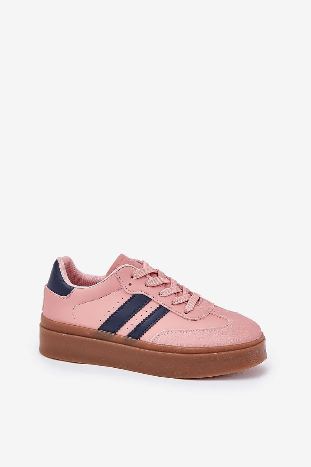 Chaussures de sport modernes pour femmes en cuir artificiel rose pâle avec bandes noires ou bleu foncé, semelle épaisse, confort tout le jour, idéales pour les tenues quotidiennes et les occasions décontractées