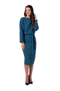 robe élégante bleu canard maille douce midi ceinture ajustable col bateau manches longues amples fente arrière polyester élasthanne confortable féminine