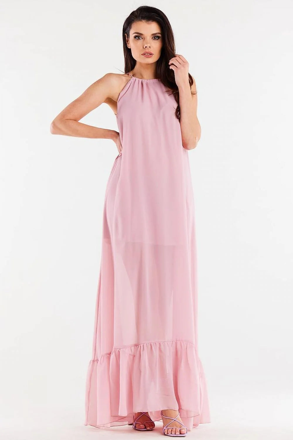 Robe de jour awama longue en mousseline de soie rose pâle encolure américaine volant large dos nu manches épaules féminine occasion formelle ou estivale