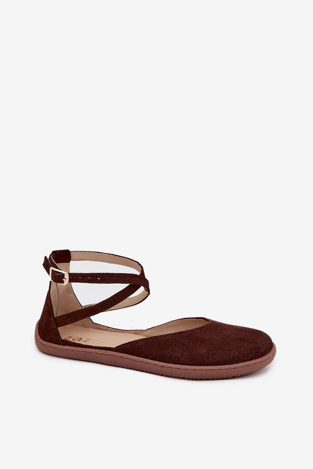 ballerines barefoot femme suède marron foncé bout rond brides croisées cheville boucle réglable semelle caoutchouc souple profilée confortable