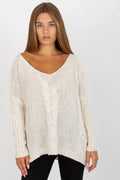 Pull femme manches longues encolure V tricot côtelé ample motif torsadé couleur ivoire polyvalent hiver