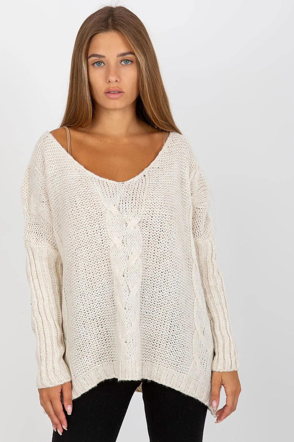 Pull femme manches longues encolure V tricot côtelé ample motif torsadé couleur ivoire polyvalent hiver
