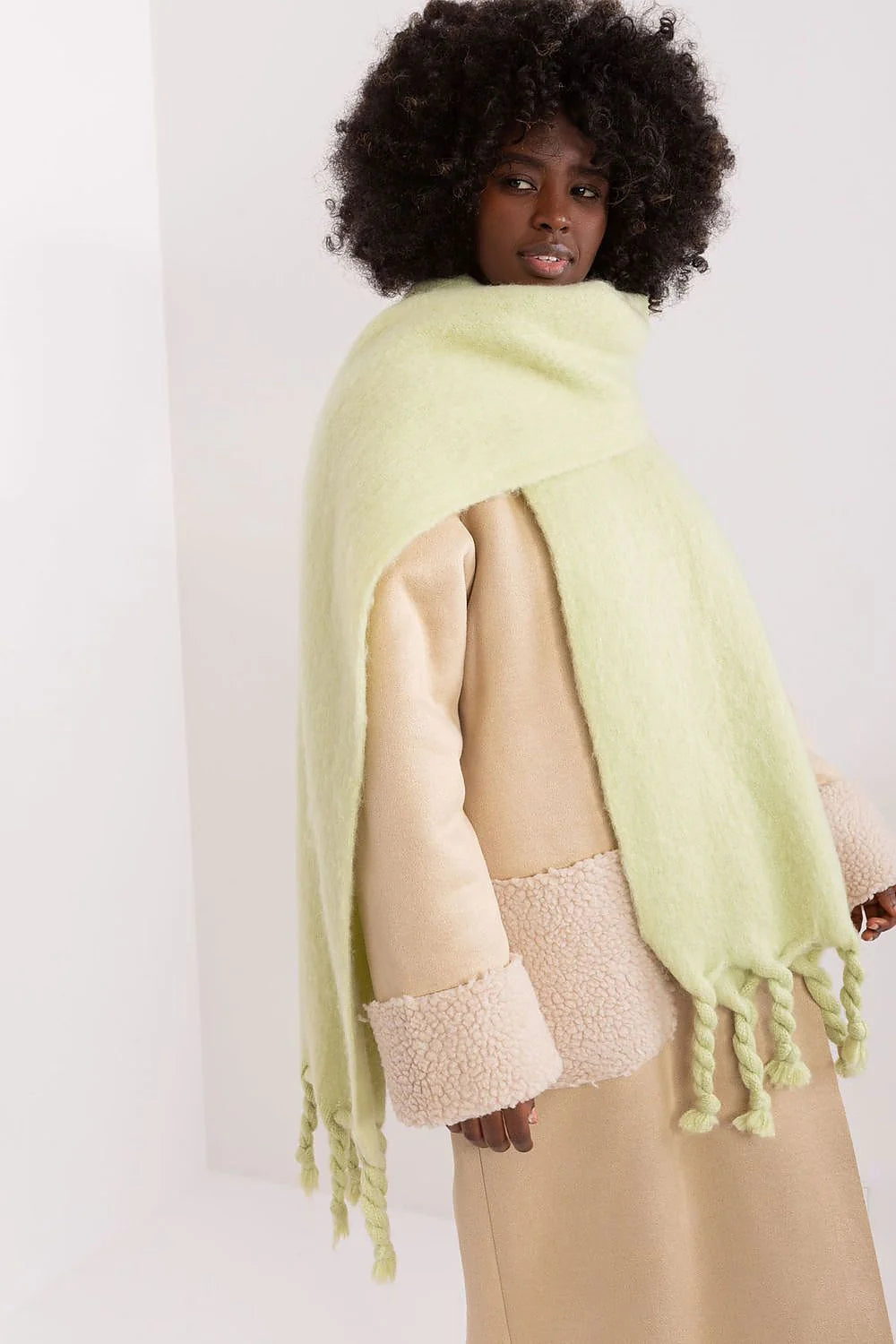 Écharpe longue en duvet vert pastel pour femme, style intemporel, hiver, automne, accessoire mode, matériau doux, finitions élégantes, longueur versatile, style décontracté, cadeau idéal, châle douillet