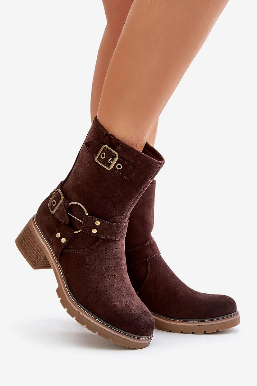 Bottes Step in style en suédine marron foncé, talon carré, style casual-chic, femme, éco-friendly, confortable, automne-hiver
