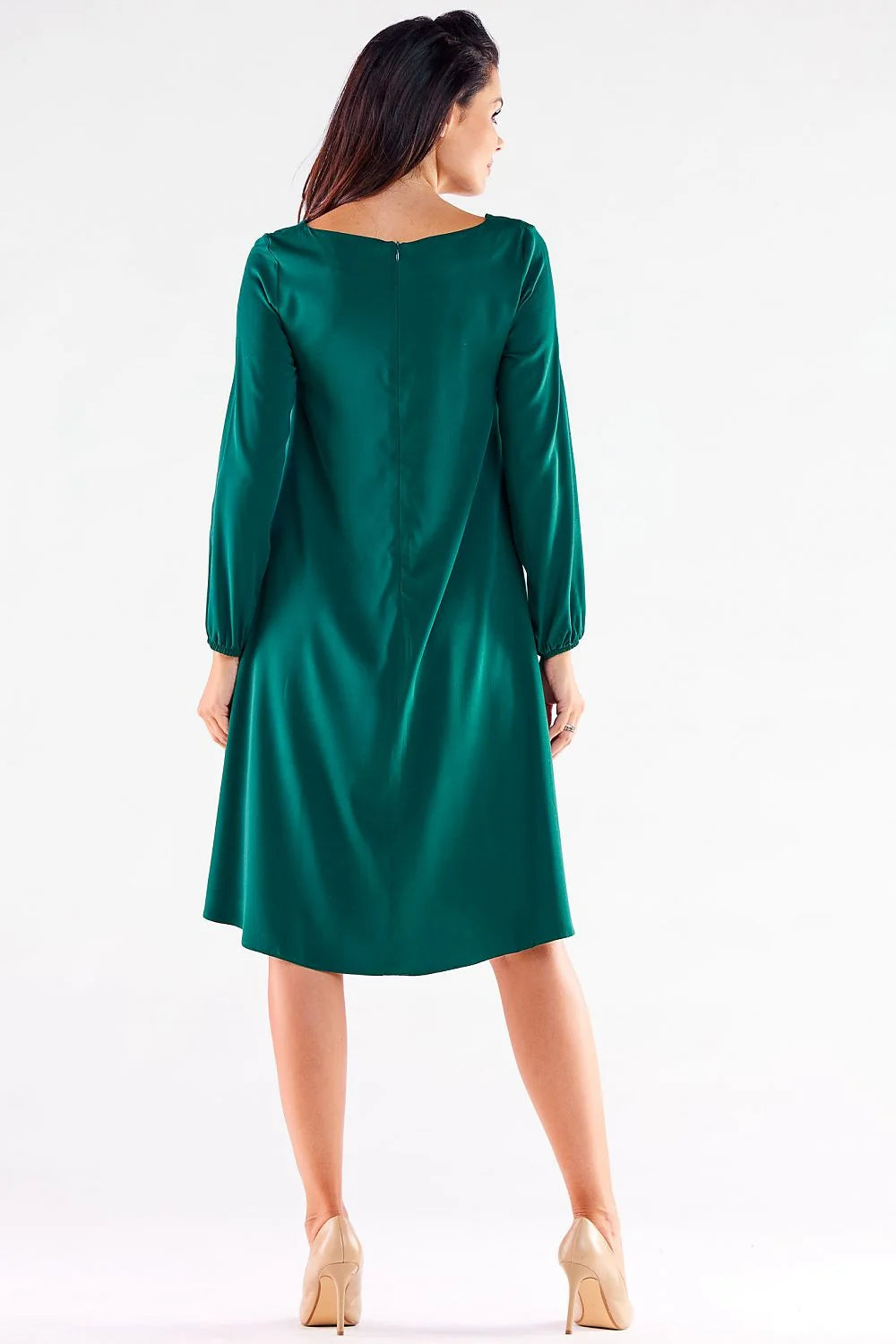 Robe de jour élégante pour femme en viscose et elasthanne, manches longues, dos allongé, coupe trapèze, couleur rouge, taille ajustable
