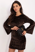 robe courte cocktail crayon cintrée velours pailleté marron sequins scintillante manches longues cloche col rond mini doublure confortable glamour
