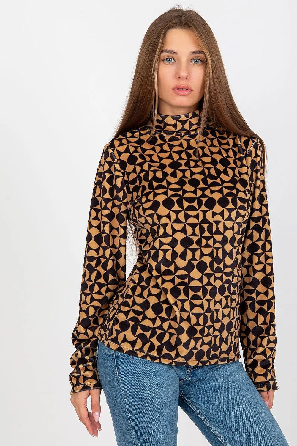 chemisier Rue Paris velours zébré noir beige manches longues col montant coupe ajusté stretch doux confortable