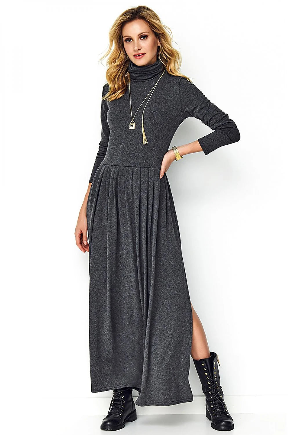 Robe longue jersey noir élégante col roulé manches longues fente haute femme mode chic