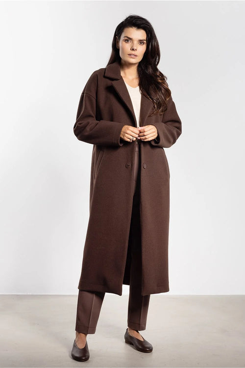 manteau femme marron foncé lainage épais coupe droite oversize midi col tailleur revers boutonné discret poches fendues latérales