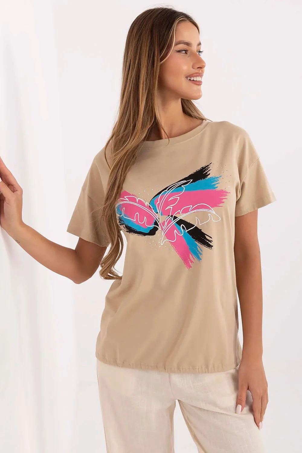 T-shirt femme design artistique moderne imprimé abstrait couleurs vives coton élasthanne coupe décontractée manches courtes col rond