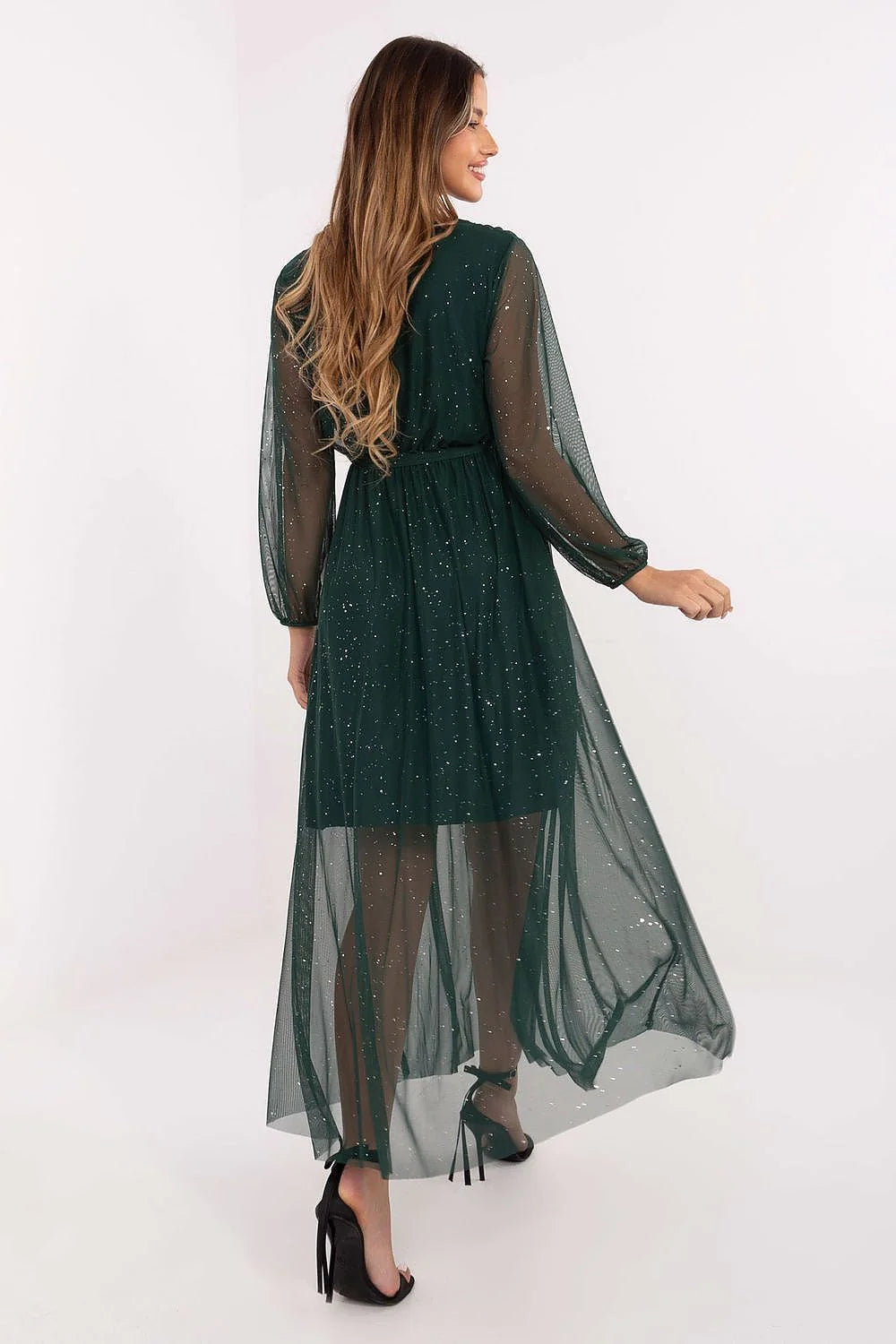 robe longue soirée vert émeraude tulle pailleté portefeuille col V manches longues transparentes jupe asymétrique doublée ceinture nouée taille cintrée