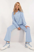 ensemble factory price sweatshirt pantalon femme bleu pastel urbain moderne confortable molleton coton polyester taille haute évasé embossé london