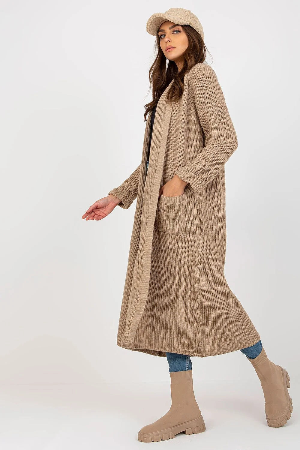 Cardigan long Och Bella maille acrylique 70 laine 30 sans fermeture manches longues poches glissière grise beige noir urban casual tendance