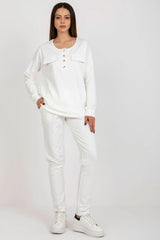 ensemble Lakerta féminin blanc coton élasthanne sweat oversize col rond pressions poches poitrine jogger slim taille élastique molleton confortable minimaliste