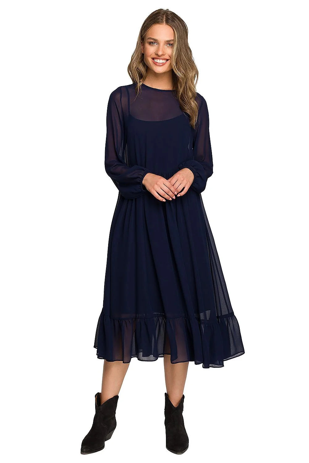 Robe de cocktail élégante en mousseline de soie manches larges taille haute volants femme