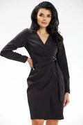 Robe élégante de jour pour femme en polyester elastane noire manches longues ceinture métallique taille ajustable