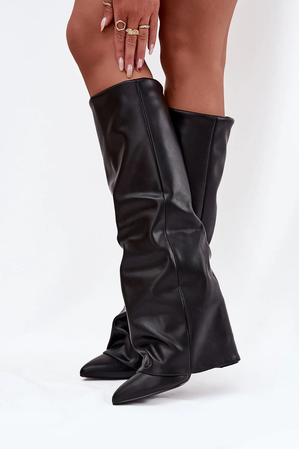 bottes montantes femme revers chevauchant talon colonne stable doublure chaude bout pointu cuir synthétique finition lisse tige froncée