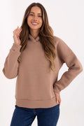 sweatshirt capuche femme oversize taupe molleton coton élasthanne doux extensible manches longues épaules tombantes poche invisible bordcôte ourlet mi hanche