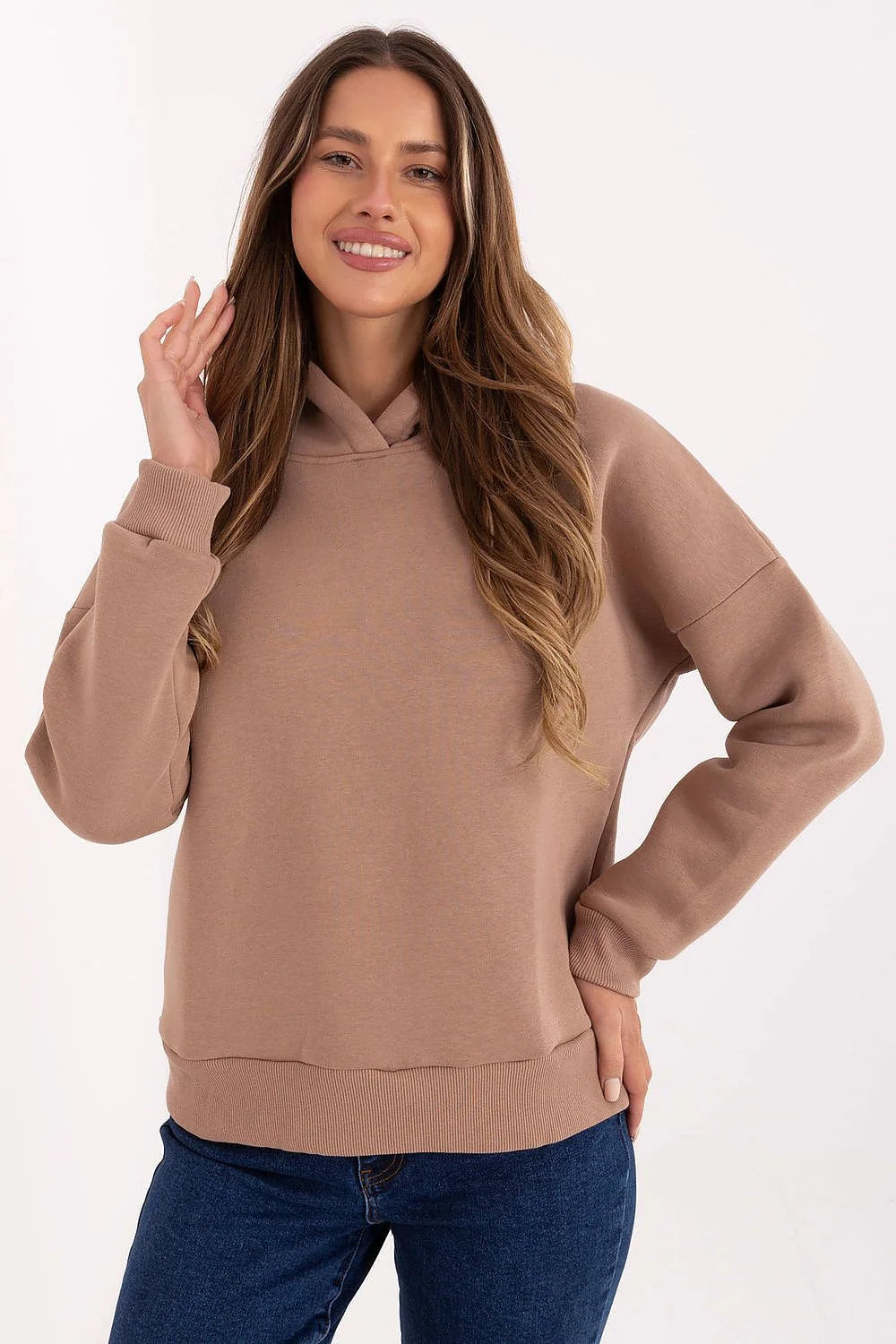 sweatshirt capuche femme oversize taupe molleton coton élasthanne doux extensible manches longues épaules tombantes poche invisible bordcôte ourlet mi hanche